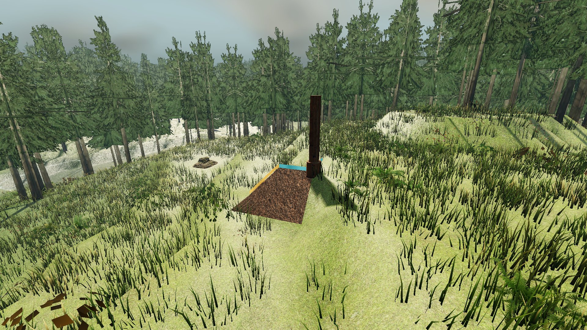 In-game capture (Med quality): claimed plot with corner post, colored claim edge, and dug patch, HUD hidden